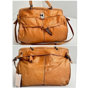 Kooba Liam camel color soft distressed leather satchel bag with crossbody strap